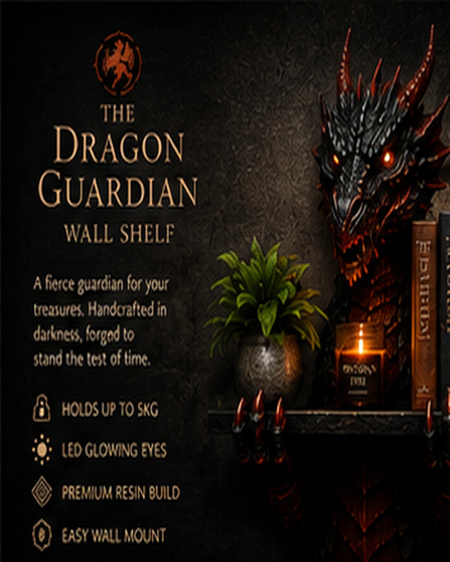 The Dragon Guardian, sculpted head and lit eye