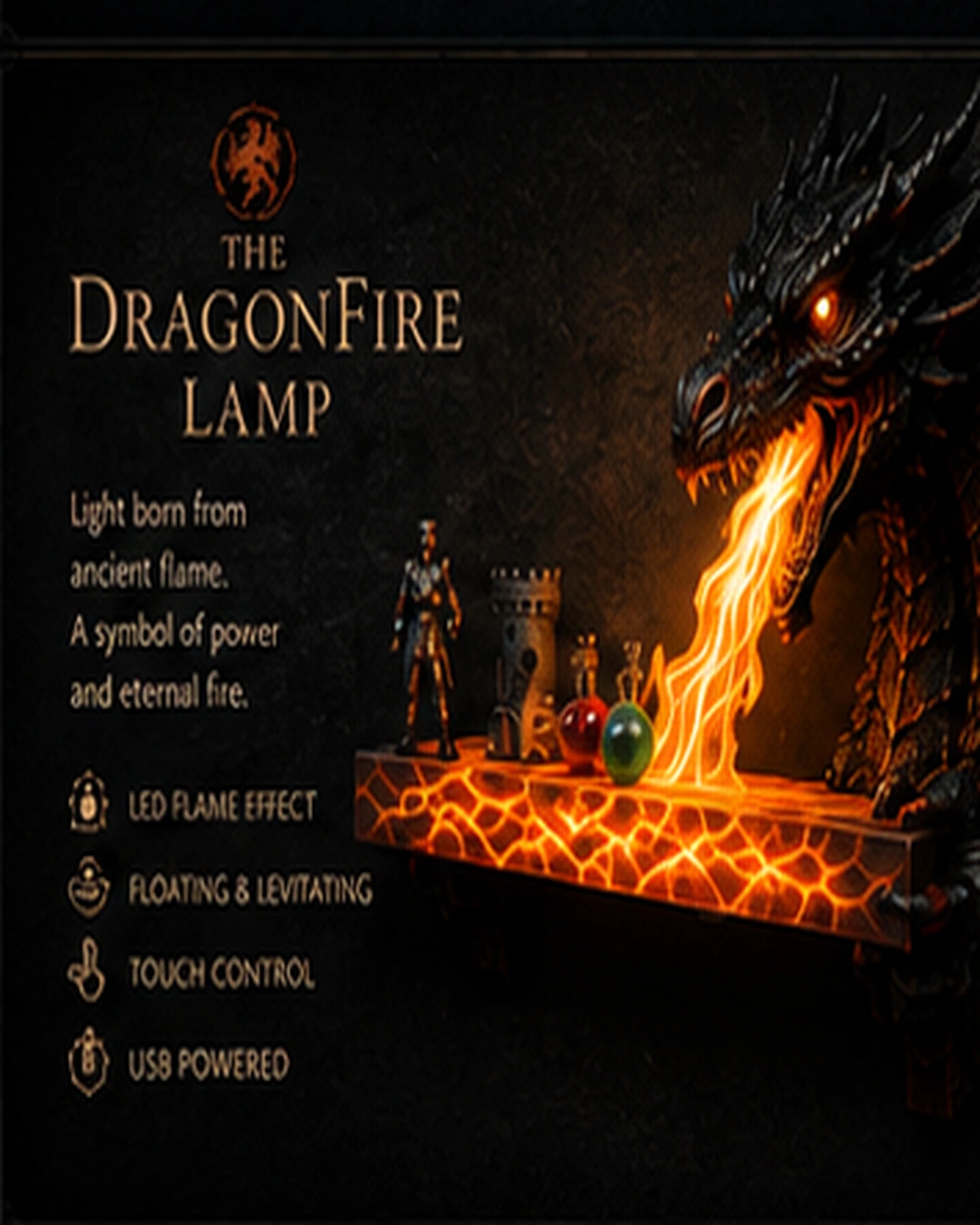 The DragonFire lamp breathing flame across a lit ledge