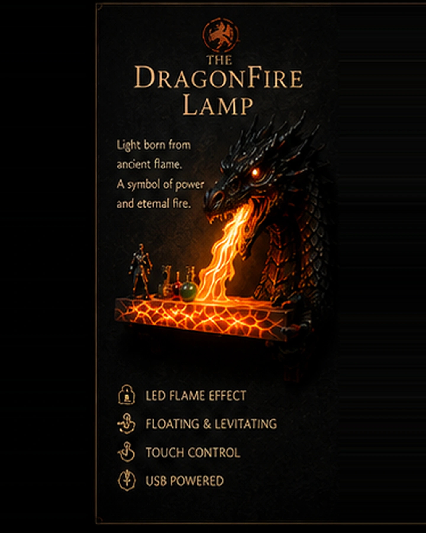 The DragonFire lamp breathing flame across a lit ledge