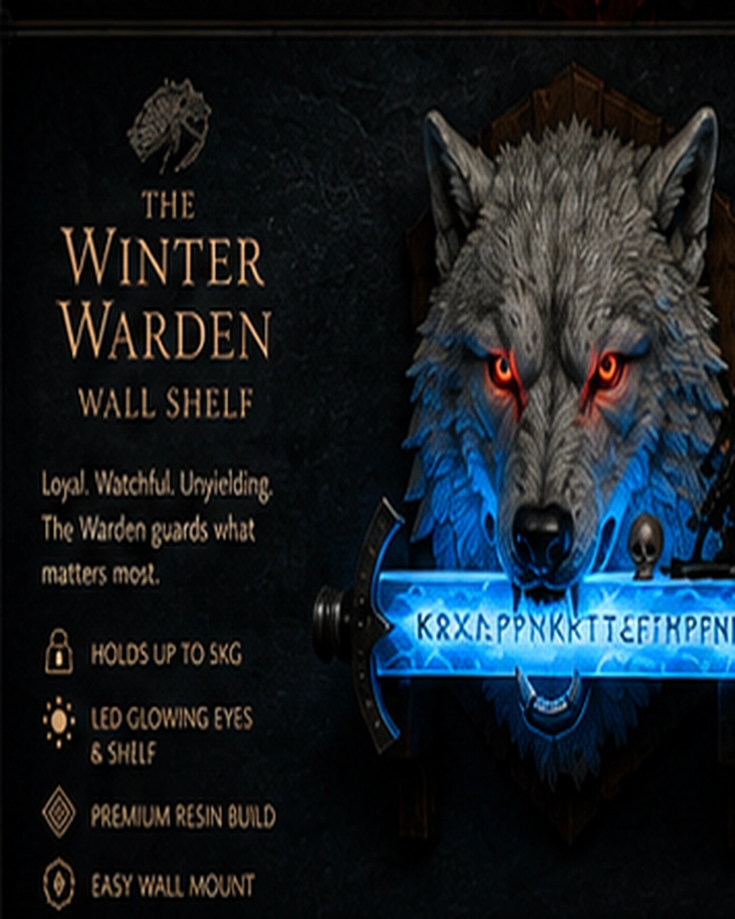 The Winter Warden, wolf with red eyes above a lit rune sword