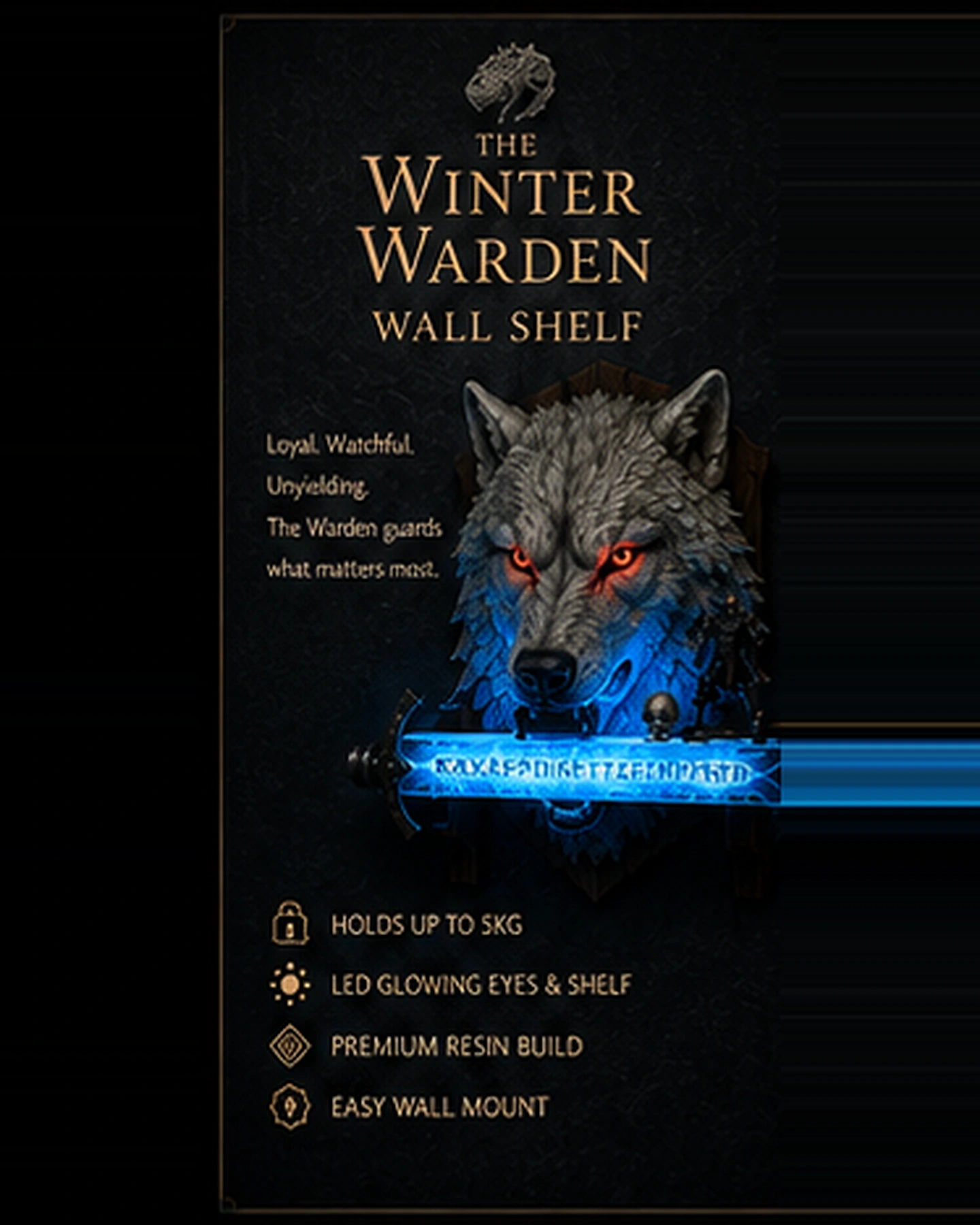 The Winter Warden wall shelf, wolf with red eyes above a lit rune sword
