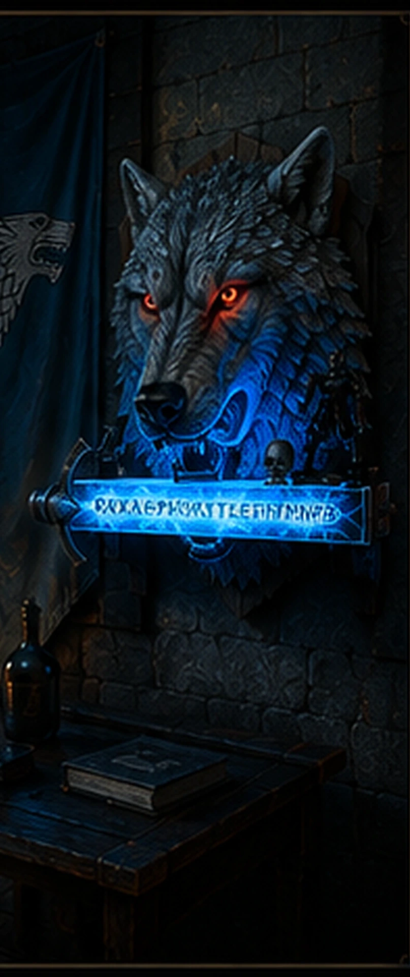 The Winter Warden mounted on a wall with its rune sword lit