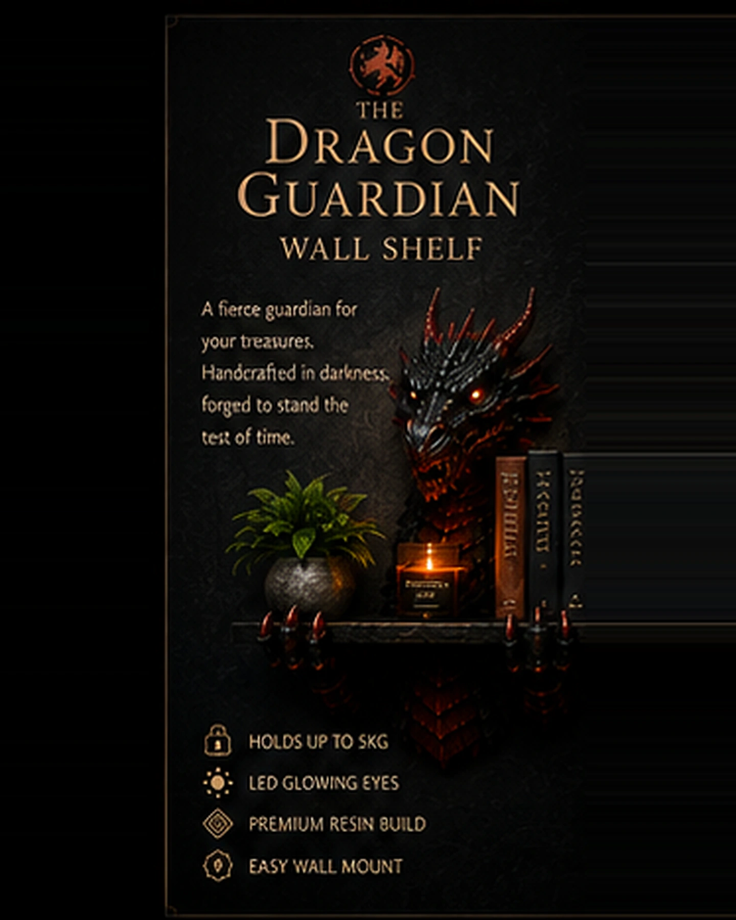 The Dragon Guardian wall shelf, sculpted head and lit eye