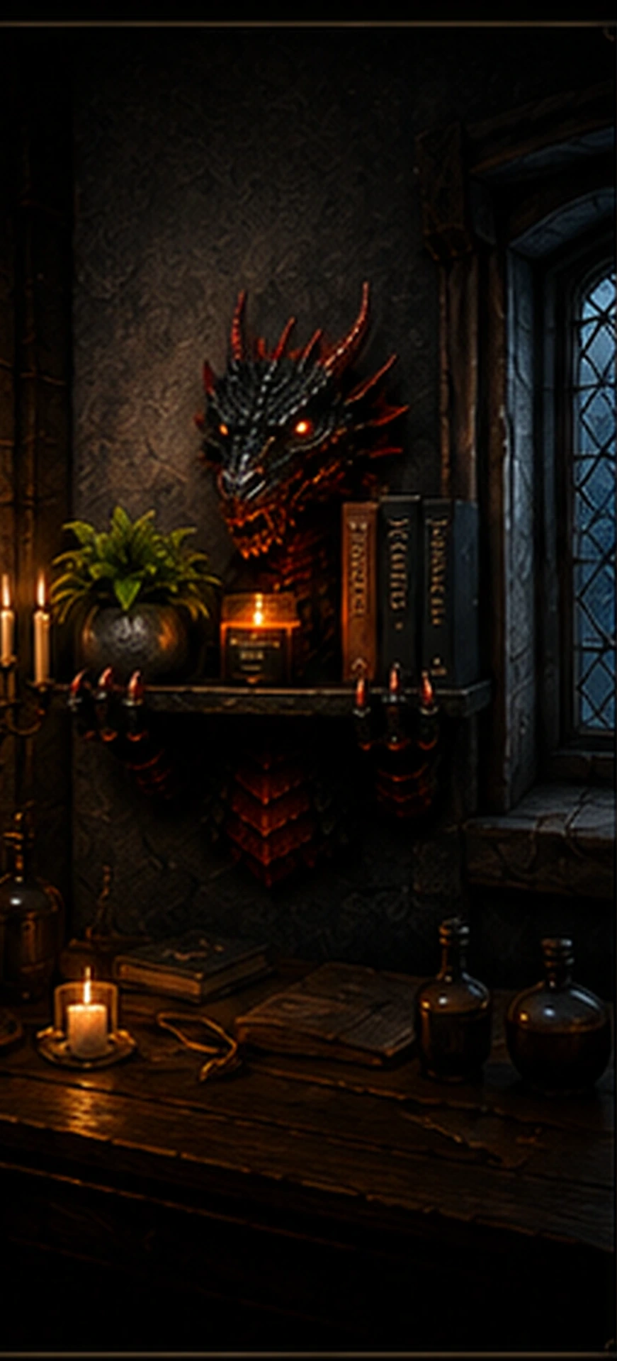 The Dragon Guardian mounted on a wall, holding a plant, a candle and books
