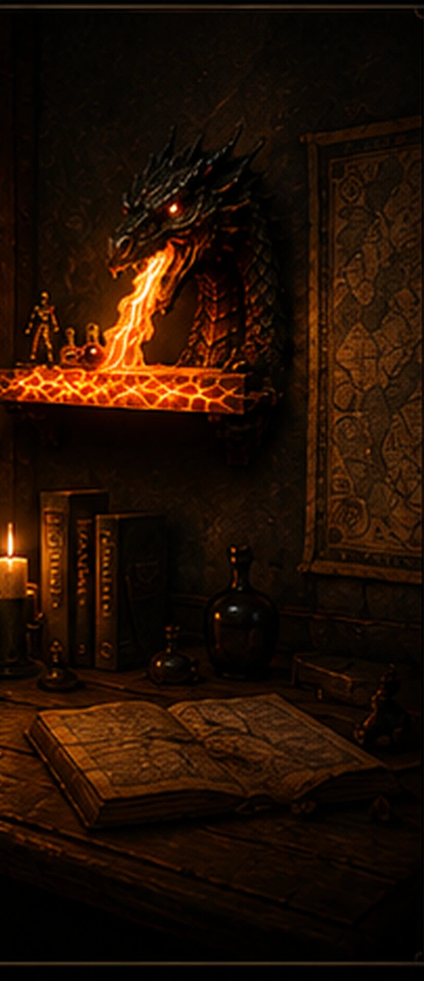 The DragonFire lamp lit on a shelf in a dark room